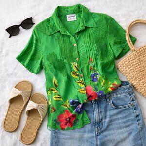 Serengeti Green Floral Button Down Blouse Size S Rayon Boho Top